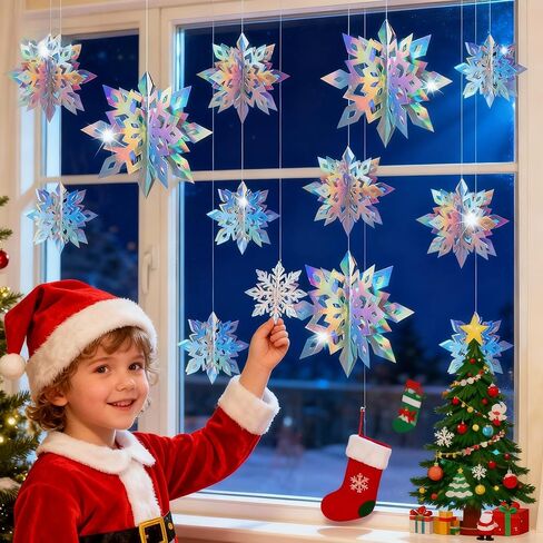 Geegoods 18PCS Christmas Hanging Snowflakes Decorations, 3D Holographic Paper Snowflakes Garland Hanging Iridescent Snow Flakes for Frozen Winter Wonderland Party Holiday New Year Home Decorations in Saudi Arabia