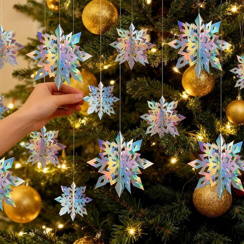 Geegoods 18PCS Christmas Hanging Snowflakes Decorations, 3D Holographic Paper Snowflakes Garland Hanging Iridescent Snow Flakes for Frozen Winter Wonderland Party Holiday New Year Home Decorations in Saudi Arabia