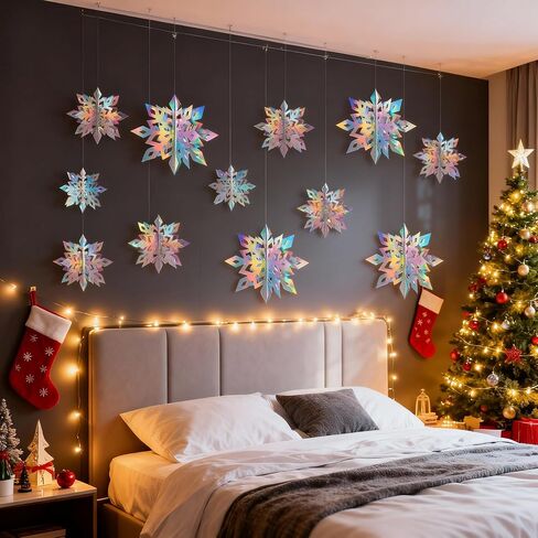 Geegoods 18PCS Christmas Hanging Snowflakes Decorations, 3D Holographic Paper Snowflakes Garland Hanging Iridescent Snow Flakes for Frozen Winter Wonderland Party Holiday New Year Home Decorations in Saudi Arabia