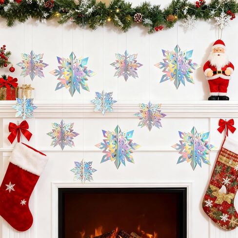 Geegoods 18PCS Christmas Hanging Snowflakes Decorations, 3D Holographic Paper Snowflakes Garland Hanging Iridescent Snow Flakes for Frozen Winter Wonderland Party Holiday New Year Home Decorations in Saudi Arabia
