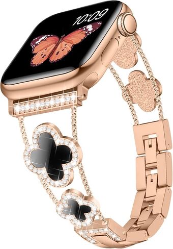 سوار Tasikar Bling Diamond النسائي متوافق مع سوار ساعة Apple 49 مم 46 مم 45 مم 44 مم 42 مم 41 مم 40 مم 38 مم Ultra SE Series 10 9 8 7 6 5 4 3 2 1 سوار بديل Lucky Clover Dressy (ذهبي وردي) in Kuwait