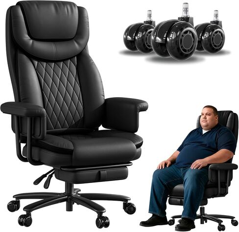 Executive Office Chair Big and Tall 500LBS, 165° Reclining Heavy Duty Office Chair with Footrest & Quiet Rubber Wheels, Height Adjustable, Soft Strong Padded Arms, Brown in Kuwait