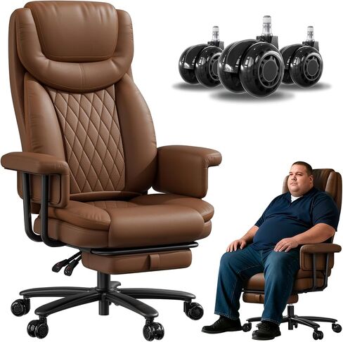 Executive Office Chair Big and Tall 500LBS, 165° Reclining Heavy Duty Office Chair with Footrest & Quiet Rubber Wheels, Height Adjustable, Soft Strong Padded Arms, Brown in Kuwait