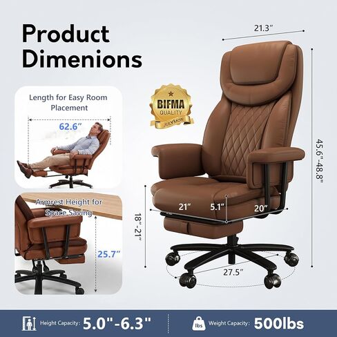 Executive Office Chair Big and Tall 500LBS, 165° Reclining Heavy Duty Office Chair with Footrest & Quiet Rubber Wheels, Height Adjustable, Soft Strong Padded Arms, Brown in Kuwait
