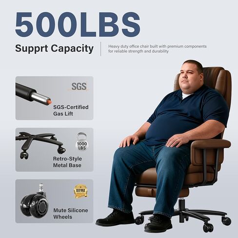 Executive Office Chair Big and Tall 500LBS, 165° Reclining Heavy Duty Office Chair with Footrest & Quiet Rubber Wheels, Height Adjustable, Soft Strong Padded Arms, Brown in Kuwait