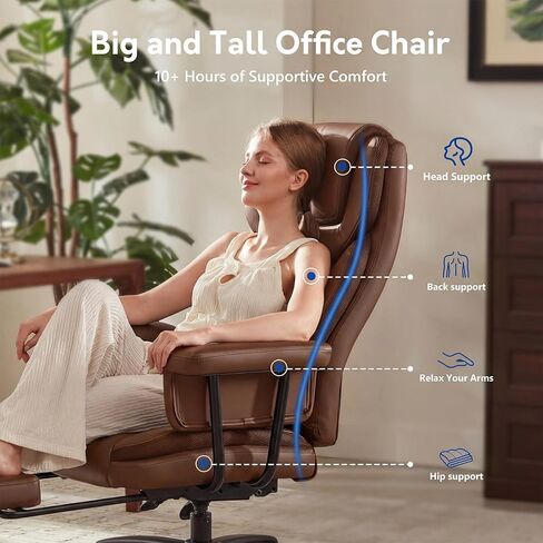 Executive Office Chair Big and Tall 500LBS, 165° Reclining Heavy Duty Office Chair with Footrest & Quiet Rubber Wheels, Height Adjustable, Soft Strong Padded Arms, Brown in Kuwait