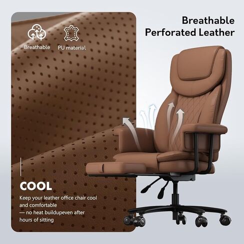 Executive Office Chair Big and Tall 500LBS, 165° Reclining Heavy Duty Office Chair with Footrest & Quiet Rubber Wheels, Height Adjustable, Soft Strong Padded Arms, Brown in Kuwait