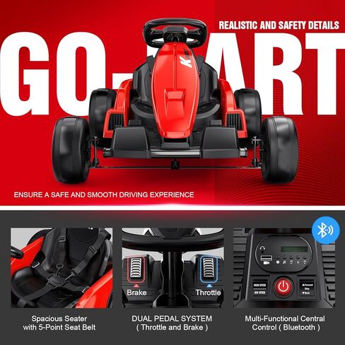 24V Electric Go Kart, Kids Drift Kart with Dual 85W Motors, 11.2 MPH & 60+ Min Ride Time, Adjustable Seat & 5-Point Seat Belt for Ages 6-12, 150 LBS Max Load (Red) in Kuwait