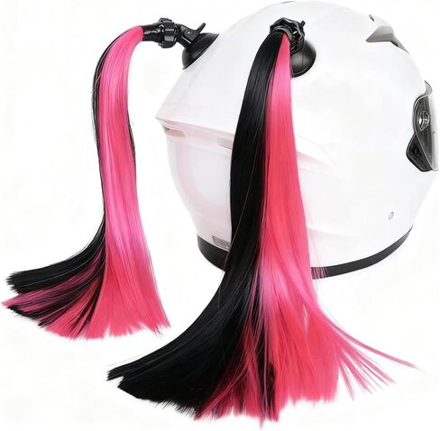 2 PCS Motorcycle Helmet Pigtails Hair, Fashionable Helmet Hair Decoration with Detachable Suction Cup, Personalized Smooth Helmet Black & Pink Ponytail (Helmet not Included) in Saudi Arabia