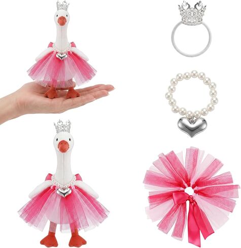 3 PCS 7 Inch Desk Goose Outfits Mini Desk Goose Clothes with Crystal Rhinestone Tiara Crown Heart-Shaped Necklace Tutu Dress Cute Sily Porch Gooses Princess Costumes for Magnetic Gooses Statue in Kuwait