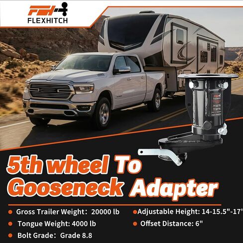 براءة اختراع 6 "إزاحة العجلة الخامسة إلى محول Gooseneck، 14-17" ارتفاع قابل للتعديل، لشاحنات السرير القصيرة التي تسحب العربة ذات العجلة الخامسة، 20000 رطل GTW، مع سلسلة أمان in Kuwait