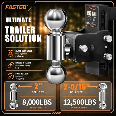 وصلات مقطورة Fastgo - تناسب جهاز استقبال 2 بوصة، حامل كرة وصلة مقطورة قابل للتعديل، كرة ثلاثية (1-7/8 بوصة × 2 بوصة × 2-5/16 بوصة) وصلة قطرة، وصلة سحب، وصلة ربط شاحنة، مضادة للسرقة، ارتفاع/ارتفاع 5 بوصات، 12500 جرام in Kuwait