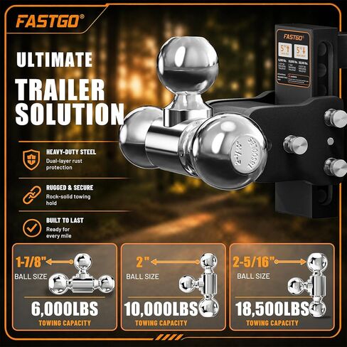 وصلات مقطورة Fastgo - تناسب جهاز استقبال 2.5 بوصة، حامل كرة وصلة مقطورة قابل للتعديل، كرة مزدوجة (2 بوصة × 2-5/16 بوصة) وصلة سحب، وصلة قطرة، وصلة ربط شاحنة، مضادة للسرقة، ارتفاع/ارتفاع 5 بوصات، 18500GTW in Kuwait