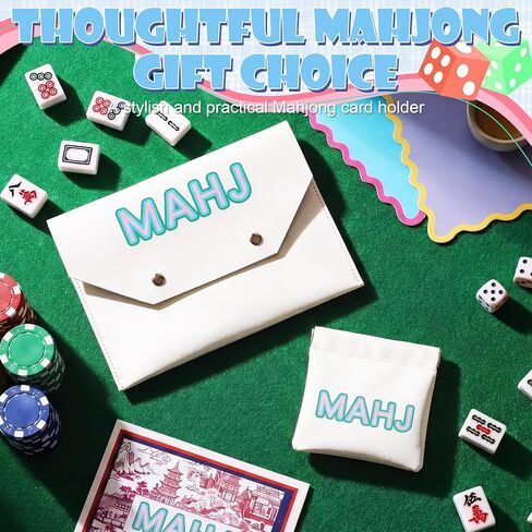 2 Pcs Leather Mahjong Card Bag Clutch Pouch Holder with PU Squeeze Dice Bag Mahjong Accessories Protector Cover Case for MAHJ Lover Playing Game Night(White) in Kuwait