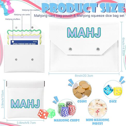 2 Pcs Leather Mahjong Card Bag Clutch Pouch Holder with PU Squeeze Dice Bag Mahjong Accessories Protector Cover Case for MAHJ Lover Playing Game Night(White) in Kuwait