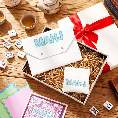 2 Pcs Leather Mahjong Card Bag Clutch Pouch Holder with PU Squeeze Dice Bag Mahjong Accessories Protector Cover Case for MAHJ Lover Playing Game Night(White) in Kuwait