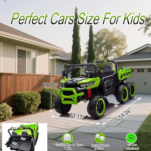 24V Side by Side 6 Wheel Ride On Dump Truck, 4WD Battery Powered Electric Car for Boys and Girls Outdoors with Remote Control, Bluetooth, Green in Kuwait