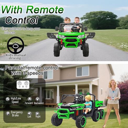 24V Side by Side 6 Wheel Ride On Dump Truck, 4WD Battery Powered Electric Car for Boys and Girls Outdoors with Remote Control, Bluetooth, Green in Kuwait
