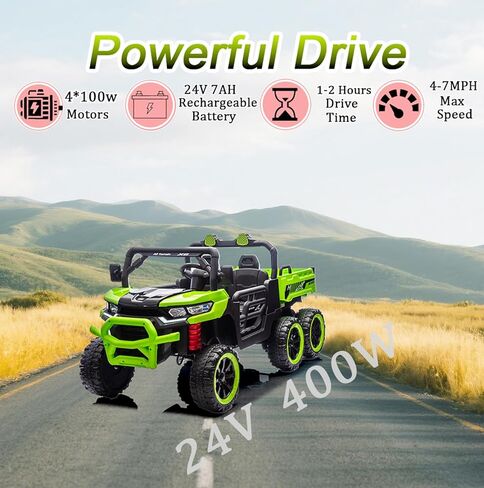 24V Side by Side 6 Wheel Ride On Dump Truck, 4WD Battery Powered Electric Car for Boys and Girls Outdoors with Remote Control, Bluetooth, Green in Kuwait