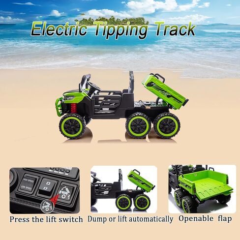 24V Side by Side 6 Wheel Ride On Dump Truck, 4WD Battery Powered Electric Car for Boys and Girls Outdoors with Remote Control, Bluetooth, Green in Kuwait