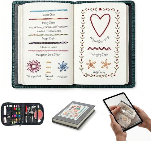 majusaccessory Embroidery Stitch Book Kit for Beginners,106 Patterns & 27 Full Tool Set with Video Instructions, Portable All in One Kit for Stress Relief & Relaxation, Perfect for Leisure Time, Gift in Saudi Arabia