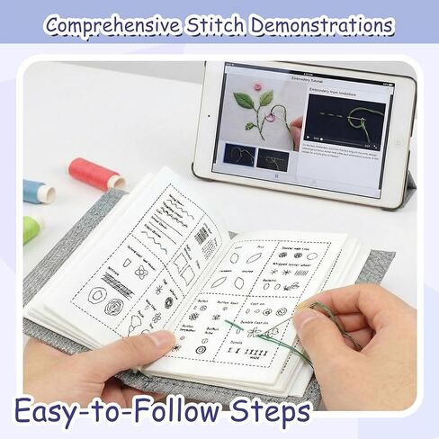 majusaccessory Embroidery Stitch Book Kit for Beginners,106 Patterns & 27 Full Tool Set with Video Instructions, Portable All in One Kit for Stress Relief & Relaxation, Perfect for Leisure Time, Gift in Saudi Arabia