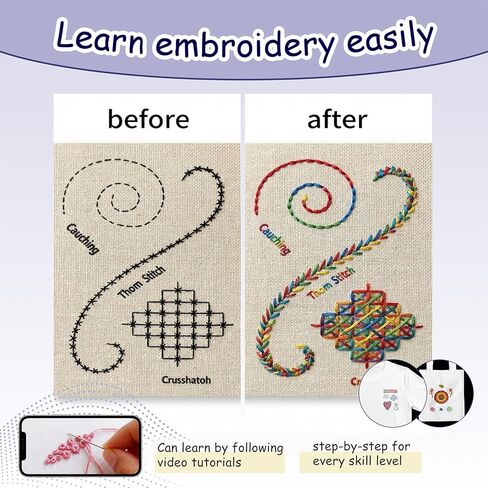 majusaccessory Embroidery Stitch Book Kit for Beginners,106 Patterns & 27 Full Tool Set with Video Instructions, Portable All in One Kit for Stress Relief & Relaxation, Perfect for Leisure Time, Gift in Saudi Arabia