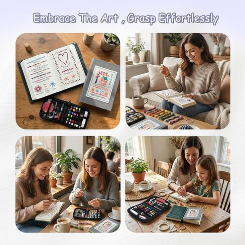 majusaccessory Embroidery Stitch Book Kit for Beginners,106 Patterns & 27 Full Tool Set with Video Instructions, Portable All in One Kit for Stress Relief & Relaxation, Perfect for Leisure Time, Gift in Saudi Arabia