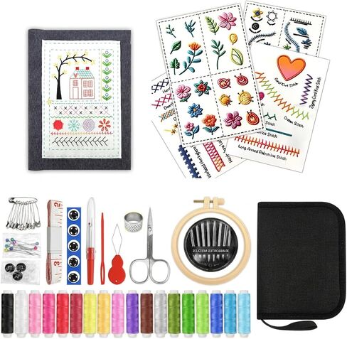 IF FEEL Embroidery Stitch Book Kit for Beginners - Upgraded Removable 106 Patterns with Extra Thick Threads, Needles & Full Tool Set, Washable Fabric Pages DIY Sewing Practice Book in Saudi Arabia