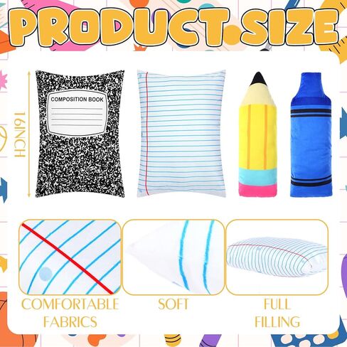 Peryiter 4 Pcs 16 Inch Back to School Throw Pillows First Day of School Classroom Decor Pencil Crayon Notebook Composition Shaped Plush Pillows for Reading Room Home Sofa Decor Teacher Gift in Kuwait