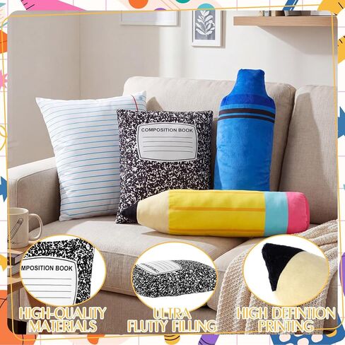 Peryiter 4 Pcs 16 Inch Back to School Throw Pillows First Day of School Classroom Decor Pencil Crayon Notebook Composition Shaped Plush Pillows for Reading Room Home Sofa Decor Teacher Gift in Kuwait