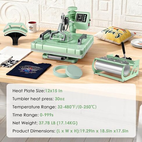 ماكينة ضغط حراري Seeutek مقاس 12 × 15 بوصة 5 في 1، مكبس نقل حراري متأرجح بزاوية 360 درجة مع ملحقات بهلوان 20 أونصة و30 أونصة للقمصان والقبعات والأكواب والأطباق، باللون الأخضر in Kuwait