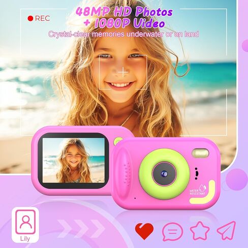 Kids Waterproof Camera, 1080P HD Underwater Digital Camera for Kids Aged 3-12, IP68 Swimming & Snorkeling Toy, ABS Plastic, 32GB Card, Birthday Gift for Children Boys Girls, Pink in Saudi Arabia
