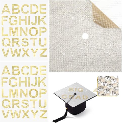Dunzoom Graduation Cap Decoration Kit Rhinestone Cardstock Letter Sticker Glitter Bling Construction Paper for Photo DIY Graduation Cap Topper Party Decoration(Gold) in Kuwait
