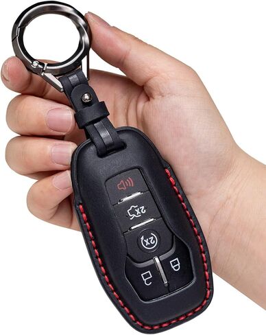 غطاء جلدي لسلسلة مفاتيح السيارة من أجل Ford وLincoln Key Fob متوافق مع Explorer Mustang Edge Fusion F150 MKZ MKC - أسود in Kuwait