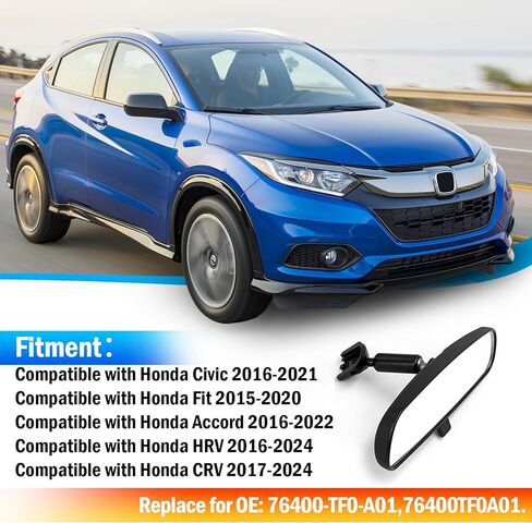 مرآة الرؤية الخلفية الداخلية من Moonlinks متوافقة مع Honda Civic 2016-2021/Fit 2015-2020/Accord 2016-2022/HR-V 2016-2024/CR-V 2017-2024 استبدال المرآة الداخلية لـ 76400-TF0-A01 in Kuwait
