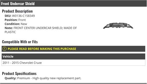 درع السيارة الأمامي من Marketplace Auto Parts - متوافق مع 2011-2015 Chevy Cruze in Kuwait