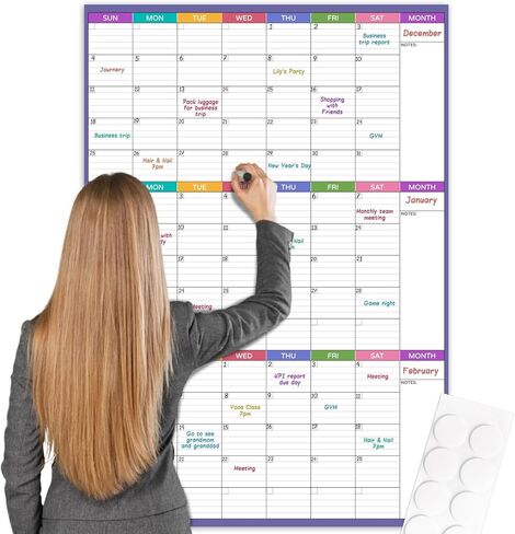Large Dry Erase Calendar For Wall - Undated 3 Month Calendar, 28'' x 40'', Erasable & Reusable Laminated White Board With 8 Round Stickers, Vertical Layout for Office, Classroom and Home in Kuwait