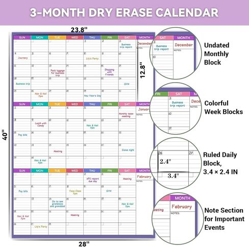 Large Dry Erase Calendar For Wall - Undated 3 Month Calendar, 28'' x 40'', Erasable & Reusable Laminated White Board With 8 Round Stickers, Vertical Layout for Office, Classroom and Home in Kuwait
