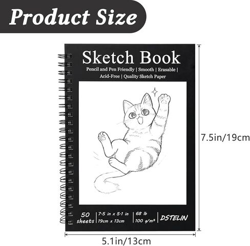 كتاب رسم DSTELIN مقاس 7.5 × 5.1 بوصة، 50 ورقة، 100 جرامًا للمتر المربع، غلاف أسود حلزوني مع غطاء أسود، مثالي للرسم والرسم in Kuwait