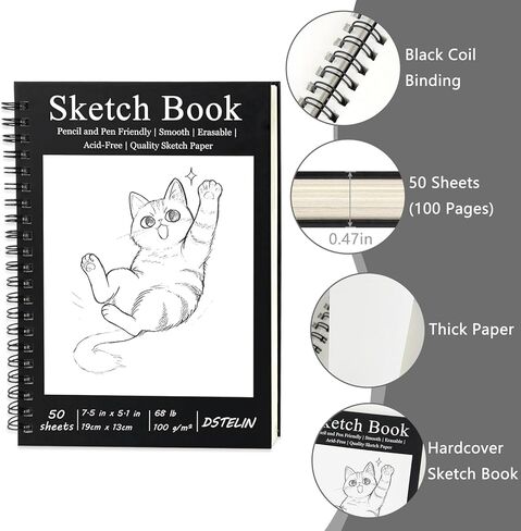 كتاب رسم DSTELIN مقاس 7.5 × 5.1 بوصة، 50 ورقة، 100 جرامًا للمتر المربع، غلاف أسود حلزوني مع غطاء أسود، مثالي للرسم والرسم in Kuwait