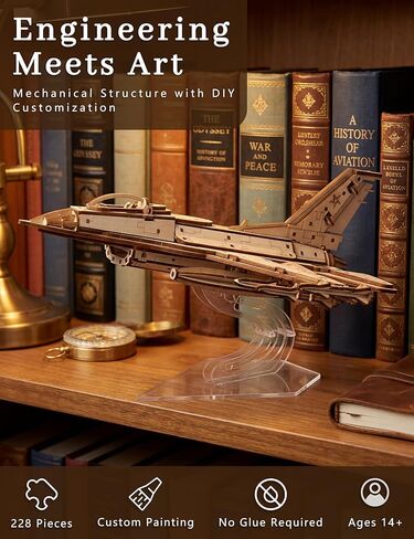 BOOZUU 3D Wooden Fighter Jet Puzzle for Adults, DIY Painting Wooden Aircraft Model Kit, Mechanical Military Airplane Puzzle Gift for Ages 14+ in Saudi Arabia