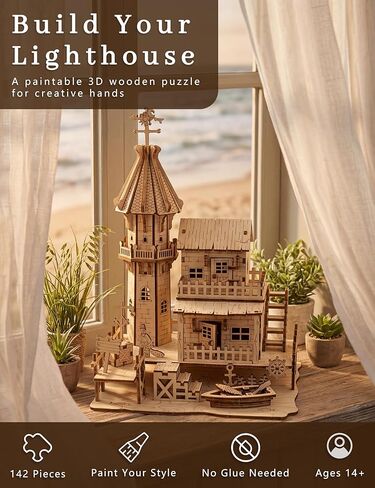 BOOZUU 3D Wooden Lighthouse Puzzle - 142 Pcs Coastal Beach House Model Kit, Build and Paint DIY Wooden Model for Adults, Home Decor Display Gift for Women Teens 14+ in Saudi Arabia