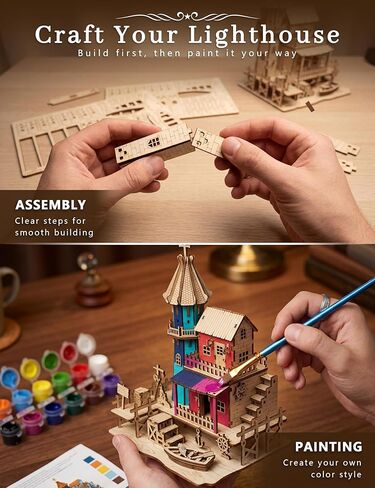 BOOZUU 3D Wooden Lighthouse Puzzle - 142 Pcs Coastal Beach House Model Kit, Build and Paint DIY Wooden Model for Adults, Home Decor Display Gift for Women Teens 14+ in Saudi Arabia