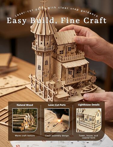 BOOZUU 3D Wooden Lighthouse Puzzle - 142 Pcs Coastal Beach House Model Kit, Build and Paint DIY Wooden Model for Adults, Home Decor Display Gift for Women Teens 14+ in Saudi Arabia
