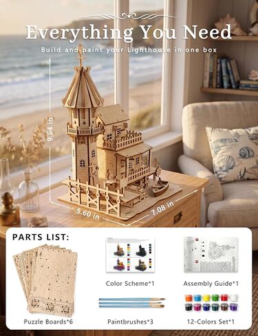BOOZUU 3D Wooden Lighthouse Puzzle - 142 Pcs Coastal Beach House Model Kit, Build and Paint DIY Wooden Model for Adults, Home Decor Display Gift for Women Teens 14+ in Saudi Arabia