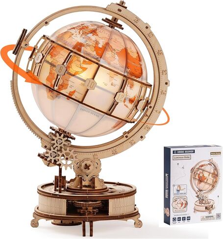ROKR Illuminated Rotating Wooden Globe Puzzle-185 Piece 3D Night Light Kit, Educational Geography Model for Adults & Teens 14+, No Glue Needed in Kuwait