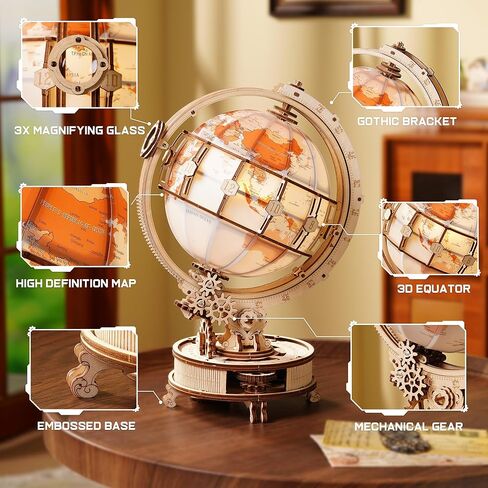 ROKR Illuminated Rotating Wooden Globe Puzzle-185 Piece 3D Night Light Kit, Educational Geography Model for Adults & Teens 14+, No Glue Needed in Kuwait