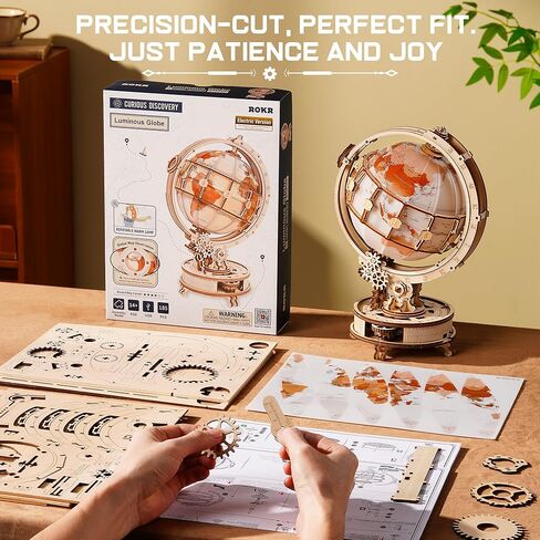 ROKR Illuminated Rotating Wooden Globe Puzzle-185 Piece 3D Night Light Kit, Educational Geography Model for Adults & Teens 14+, No Glue Needed in Kuwait