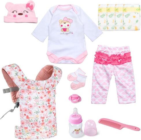 Reborn Baby Doll Clothes Accessories Set with Floral Doll Carrier, 12Pcs Pink Outfit Fit 18-22 Inch Newborn Reborn Doll, Pretend Dress Up Playset in Kuwait